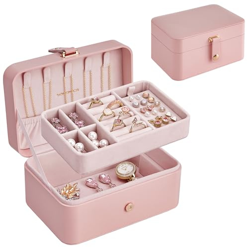 SONGMICS Schmuckkästchen Reise, Schmuckkasten klein, 2 Ebenen Schmuckaufbewahrung, tragbar, Schmuck-Reiseetui, für größere Accessoires, 11 x 16 x 8 cm, Geschenkidee, pastellrosa JBC166R01
