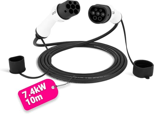 Cord Type 2 to Type 2 EV Charging Cable, 32amp, 7.4kW, 10 Metre, Single Phase, Black & White
