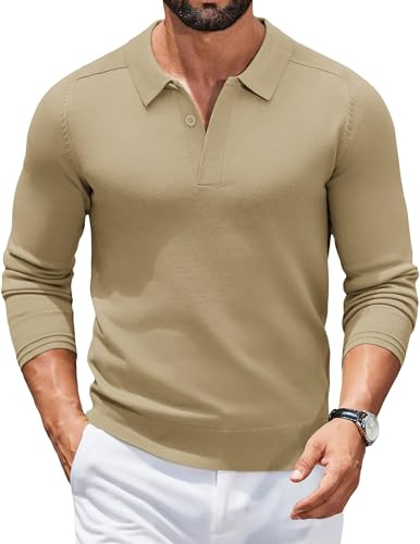 COOFANDY Jersey para Hombre Cuello Polo Jersey Manga Larga Suéter de Punto Negocios Suéter Informal Sweater Básico Color Sólido Regular Fit Caqui Oscuro M