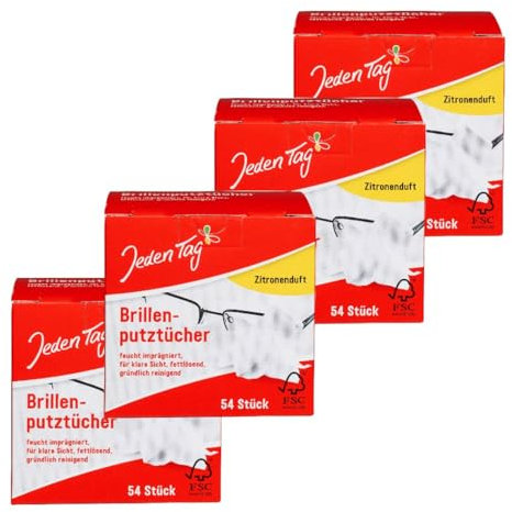 Jeden Tag Brillenputztücher Zitronenduft 54 Stück (4er Pack) | alkohol reinigungstücher feucht imprägniert, klare Sicht, fettlösend, gründlich reinigend, für Handys, Kamera, TV, Autospiegel