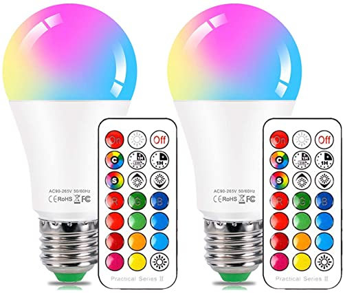 2 Pack E27 Colour Changing Light Bulb 10W RGBW LED Light Bulbs Mood Lighting with 21key Remote Control with Memory Function,12 Color Choices for Home, Party, Bar, Disco KTV, Stage Effect Lights