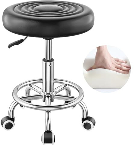 Rollhocker höhenverstellbar,kompakt,Hocker mit rollen(mit Fußstütze), PU-Leder runde Wasserwelle Muster,360-Grad-Drehhocker,150kg Tragfähigkeit, geeignet für Spa Zeichnung Salon Arbeit Büro. (Schwarz)