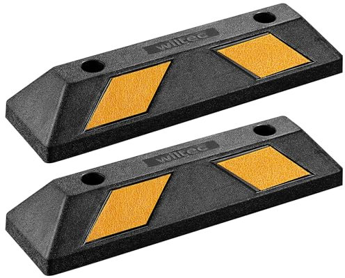 Wiltec Rubber Wheel Stop 55 x 15 x 10 cm, X2 Parking Space Barriers with Yellow Reflective Strips & Parking Blocks Come with Screw Grooves