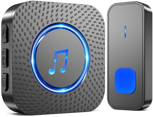 SURFOU Sonnette sans Fil, 400M Sonnette Longue Portée Exterieur Étanche Electronique, Kit de Carillon avec Récepteurs Enfichables pour la Maison, LED Bleu, 55 Mélodies, 5 Niveaux Volumes, Noir