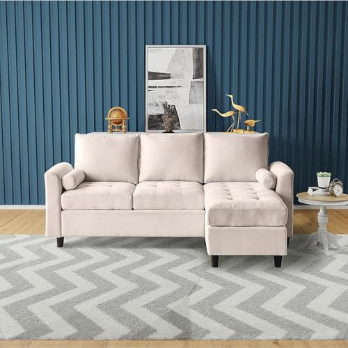 CONCEPT USINE | Canapé Velours 3 Places Coventry Beige + Pouf | Bien-être et Confort Premium avec Ressorts et Mousse Mémoire de Forme | Dossier Haut Amovible | Design Moderne et Élégant