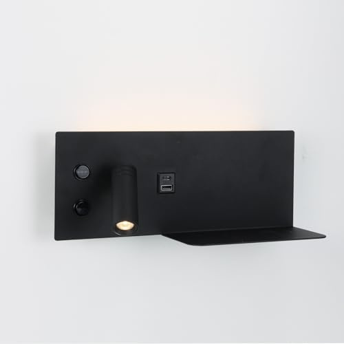 Alpinaluz Aplique de Pared con Foco LED Izquierda, Luz Cálida 2700K, USB-C y USB-A, Doble Interruptor, Repisa para Móvil, Luz de Lectura y Ambiente, Lámpara Cabecero Dormitorio Negro Mate