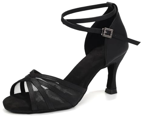 ZYXWVU Scarpe da Ballo Latino Donna Punta Aperta Raso Tacco 7.5 cm Salsa Tango Pratica,EM-960-nero-7.5cm,38.5 EU