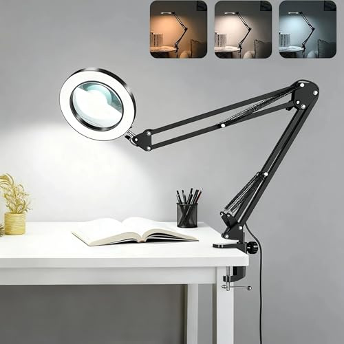 POPSKEETER Lupe mit Licht, 10X Vergrößerung Tischlupe mit LED Beleuchtung, dimmbar mit 3 Farbmodi, für Lötarbeiten, Modellbau, Reparaturen, Diamond Painting ﻿