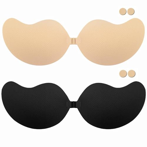 AWXUOCK Reggiseno invisibile senza spalline, riutilizzabile, aderente sulla pelle, adesivo, push-up, per feste, bar, matrimoni, spiaggia, schiena scoperta, da donna, Beige e nero., B