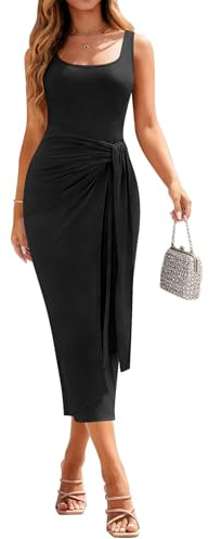 Sureple Little Black Dress for Women Spring Sleeveless Scoop Neckline Strethcy Wrap Ruched Sheath Dresses（SP644-Black-M）