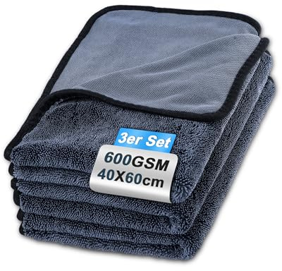 Huglux 3 PCS 60 x 40 cm XXL 600 GSM Serviette Micro Fibre Sechage Voiture | Chiffon Microfibre, Super Absorbant, Ne Laissez Aucune Trace, Doux sans Peluches, Lavable en Machine