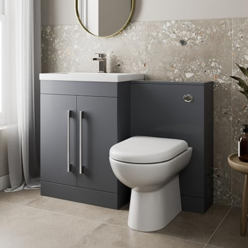 BAYSTONE® 1100mm Combination Vanity Unit Furniture Set, Wash Basin Bathroom Sink, BTW Toilet Pan & Soft Close Seat, Storage Cabinet, Reversible, Grey Gloss