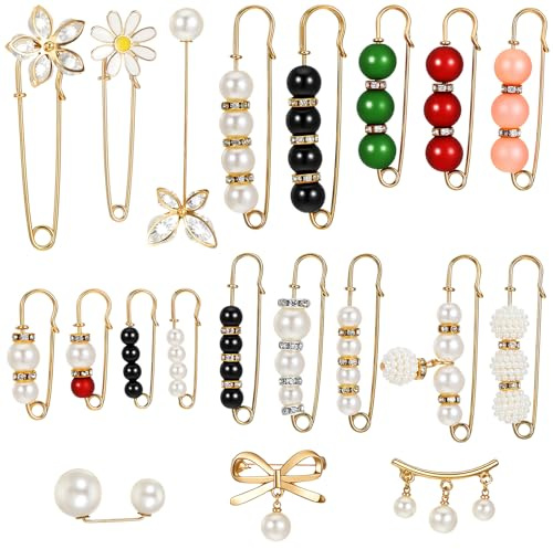 20 Stück Brosche Damen, Künstliche Perlen Broschen für Kleidung Multi-Size Vintage Ausschnitt Verkleinern Clip Sicherheitsnadeln mit Strass für Kleidung Hosen Kleid Rock Hut Pullover Schal