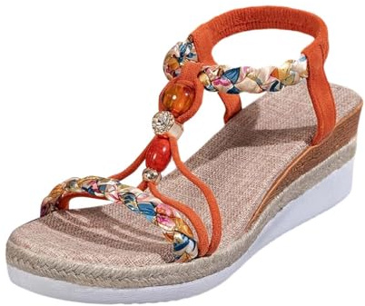 Generisch Sandalias boho para mujer con perlas, plantilla ligera, plantilla cómoda, estilo informal de verano, puntera abierta, talón libre, diseño de cuña para vacaciones, playa, ocio diario