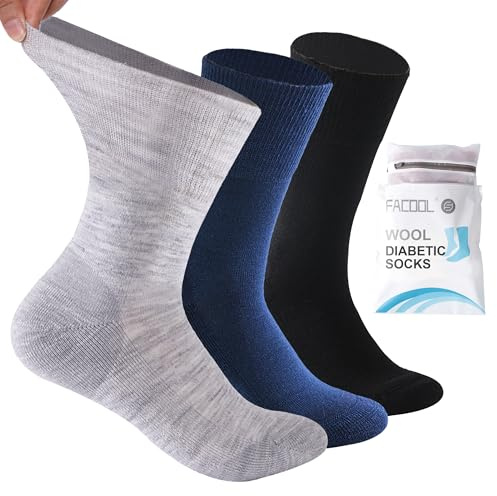 Facool Diabetic Socks for Men Women, Soft Merino Wool Light Non Binding Loose Top Quarter Long Socks, 3 Pairs Multicolor (Black, Light Grey, Navy Blue), US Women 8.5-12 / US Men 7.5-11