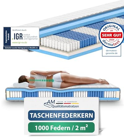 AM Qualitätsmatratzen Deluxe Taschenfederkernmatratze 100x210cm H1 24cm - Made in Germany & Oeko TEX Siegel - Federkernmatratze 100x210 mit 1000 Federn & Lyocell Bezug - 7 Zonen Matratze 100x210 H1