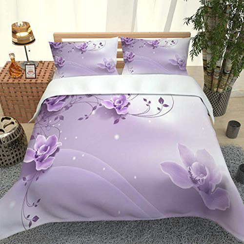 CLQPYQ Funda Nordica Cama 105, Juego De Ropa De Cama De Invierno 180X220cm Flores Moradas De Ensueño Patrón, 3 Piezas Funda De Nórdica De Microfibra Y 2 Fundas De Almohada, con Cremallera