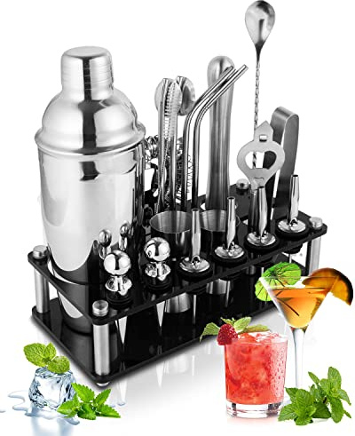 Trongle 20-Piece Cocktail Shaker Set, 750ml Stainless Steel Cocktail Making Kit with Double Jigger, Display Stand, Great Gift for Home, Bar, Party, Christmas, Thanksgiving