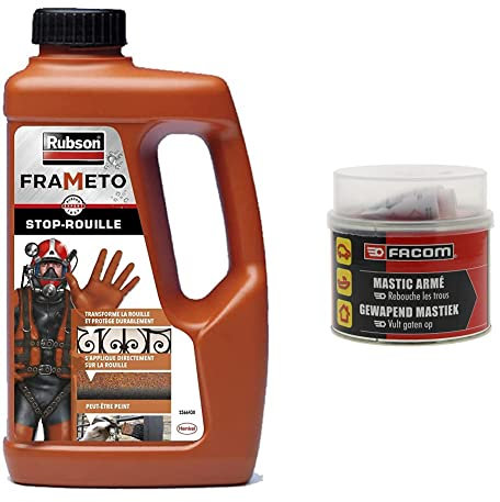 Rubson Frameto Stop-Rouille, Traitement antirouille pour intérieur et extérieur, Convertisseur de rouille à effet immédiat, 1 L & Facom 006051 Mastic Polyester Armé 600 g