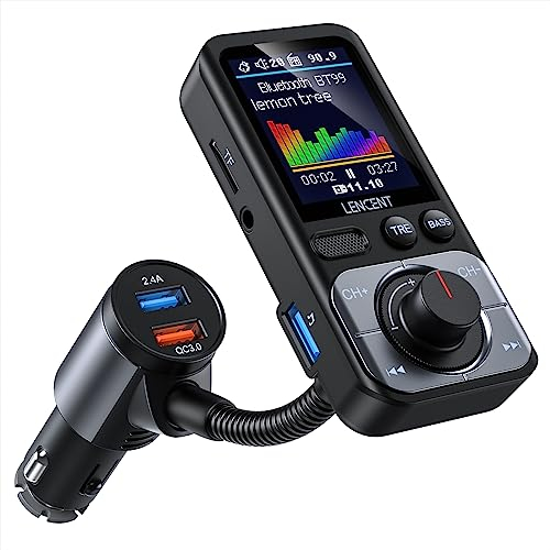 LENCENT Bluetooth FM Transmitter, Auto AUX Autoradio Adapter Bluetooth 5,0, QC3.0 Schnellladegerät, HiFi Musik Treble & Bass Booster, Unterstützt TF Card, Hands-Free, Siri, Google Assistant
