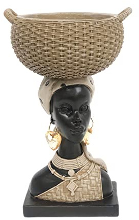 ROCKING GIFTS Figura Decorativa de Resina Busto Africana con Cesta, 14x23 cm, vaciabolsillos, Decoracion etnica