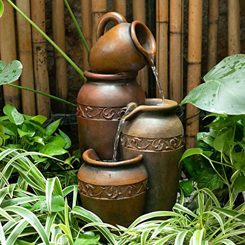 Indoor/Outdoor Garden Water Fountain Outdoor water fountain Outdoor LED Jug Bowls Cascade Water Fountain Garden Feature Statue with Lights for Deck, Patio, Porch, Yard Decor Decoration
