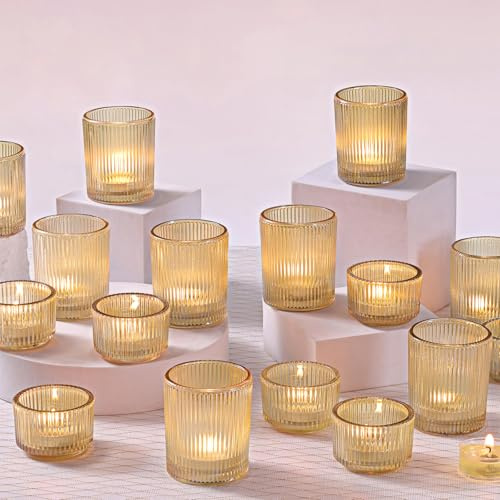NITIME 20pcs Ribbed Gold Votive Candle Holders, Assorted Tea Light Candle Holder Glass for Wedding Table Decor, Gold Candle Holders for Table Centerpieces, Diwali, Brithday, Party and Holiday Decor