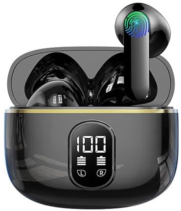 BOXSSROG Auriculares Bluetooth 5.3 inalámbricos, cancelación de Ruido Ambiental Mediante 4 micrófonos, Pantalla LED, HiFi, estéreo, 42 h, Impermeable IP6, Deportes, Control táctil para iOS Android