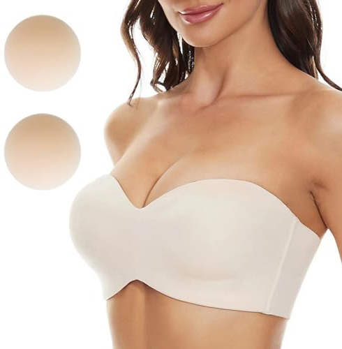 Hanaoops Women's Strapless Bra Push Up Underwired Bandeau Bra Anti-Slip Invisible Backless Minimiser Bras with 2 Nipple Covers