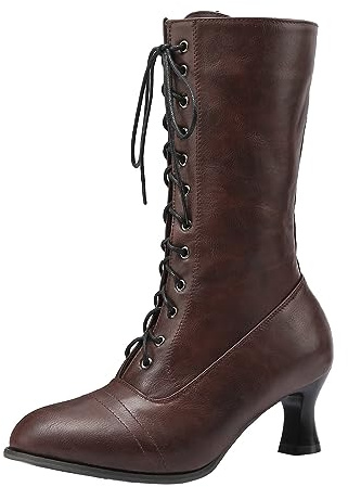 Womens Boots Solid Color Leather Boots Comfy British Style Boots Front Lace Up Knight Boots Plus Size Women's Boots Cross Tie Thick High-Heeled Women's Mid Heeled Boots Comfy and Fashion Brown