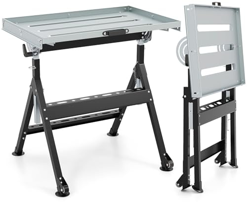 COSTWAY Banco da Lavoro Pieghevole, Tavolo da Lavoro Portatile con Piattaforma Inclinabile e Altezza Regolabile, 2 Ruote, con 3 Slot e 2 Portautensili, Capacità di Carico 180 KG (Modello 1)