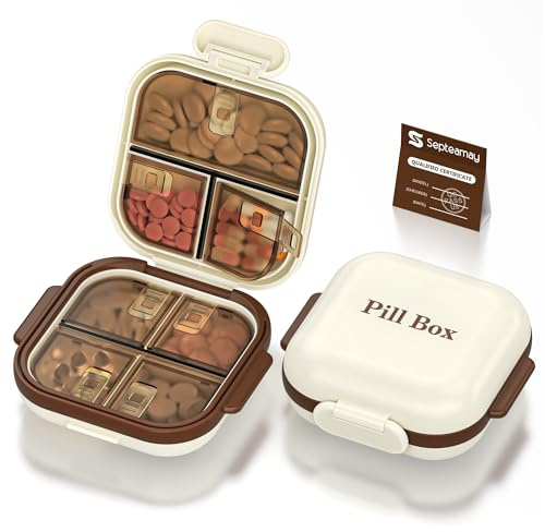 Septeamay Weekly Pill Box, Travel Pill Organiser 7 Day, Portable Tablet Organiser with 7 Compartments, Airtight Moistureproof Medication Organizer for Vitamins, Supplements & Medicine - Beige