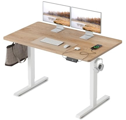 FEZIBO Bureau réglable en Hauteur, Plateau Monobloc, 100 x 60 cm, Bureau Assis Debout avec Ports de Charge USB-A et USB-C, Standing Desk, Chêne