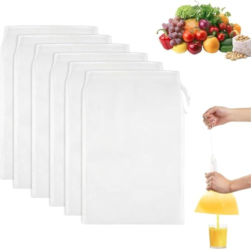 JOOTUEPO 6 Pezzi Sacchetti Filtranti per Alimenti, 20×30cm Sacchetto Filtro in Tessuto di Nylon Riutilizzabili e Lavabili, Colino per Latte di Noci, Succo di Frutta, Succo di Verdura, Caffè