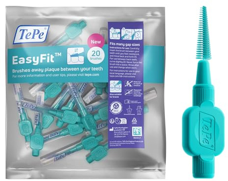 TePe EasyFit Mellanrumsborste, Turkos, Strl S/M, 20-pack | Enkelt sätt att komma igång med att borsta bort plack, Konisk form som passar olika mellanrum, Små till medelstora mellanrum