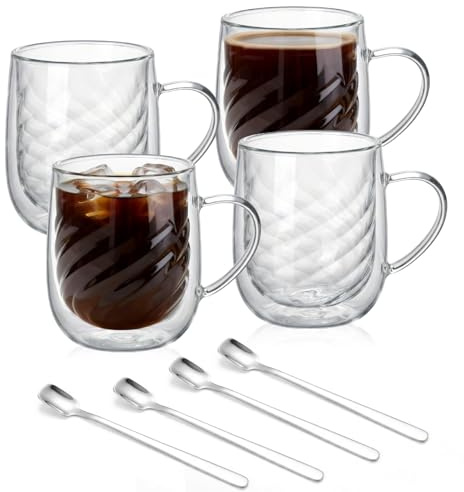 4 pezzi Bicchieri da caffè a doppia parete, 350ML Tazza in Vetro Borosilicato con Motivo a Spirale, Trasparente manico, cucchiai in Acciaio Inossidabile, per cappuccino, tè, espresso, latte