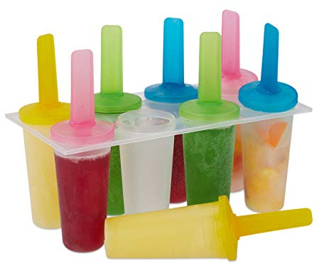 Relaxdays Eisformen, 8 runde Eisförmchen, bunte Stiele, DIY, Stieleisformen für Kinder und Erwachsene, rund, transparent