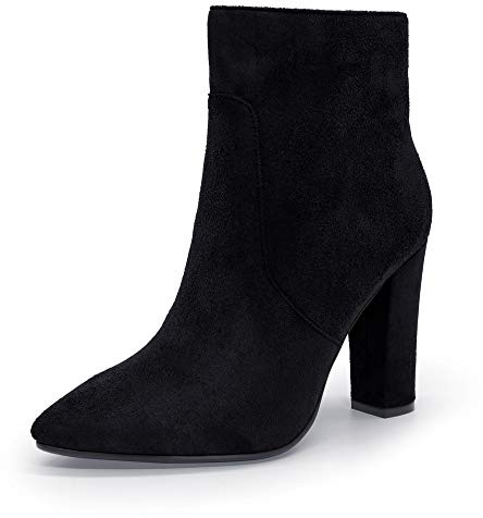 IDIFU Women's Dress Pointed Toe Short Boots Chunky High Heels Side Zipper Ankle Booties (Black Suede, 7.5)
