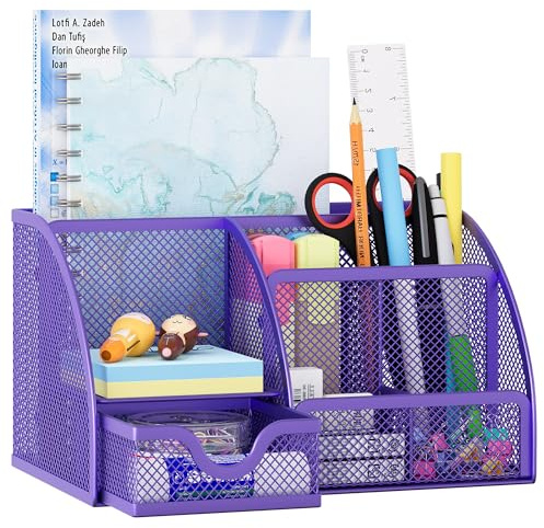 EasyPAG 7 Compartiments Métal Organisateur de Bureau Range Bureau Rangement Bureau Pot à Crayon Porte Stylo avec Tiroir,Violet