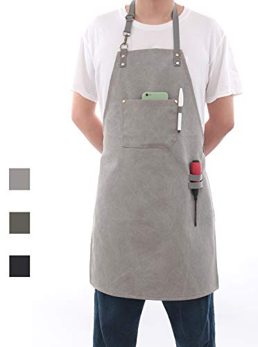 Pincy Canvasförkläde tungt 16 oz arbetsförkläde, metallhårdvara förstärkning kockförkläde med extra långa remmar justerbar M – XXL (grå)