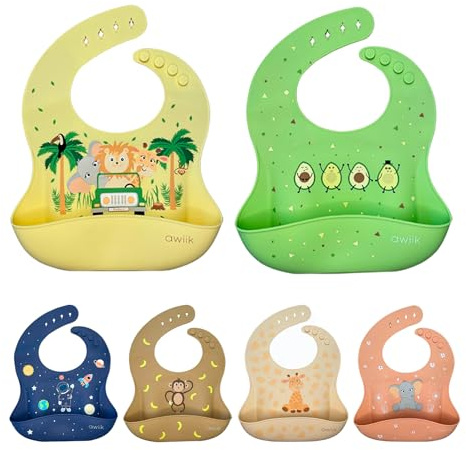 AWIIK 2 Pcs Babero Silicona Bebé, Impermeable, Fácil de Limpiar, Lavable, Tamaños Ajustables Baberos de Alimentación Suave con Recolector Alimentos para Bebé Niño o Niña (Avocado - Safari)