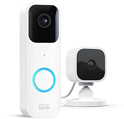 Blink Videotürklingel (Video Doorbell) + Blink Mini | Überwachungskamera, Gegensprechfunktion, HD-Video, lange Batterielaufzeit, Bewegungserfassung, App-Benachrichtigungen bei Klingeln (weiß)