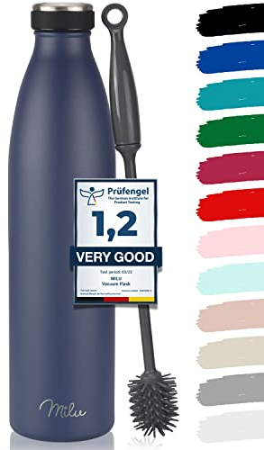 Milu Edelstahl Trinkflasche 350ml, 500ml, 750ml, 1L, 1.5L Thermosflasche, Isolierte Wasserflasche, Auslaufsichere Isolierflasche doppelwandig, Kohlensäure geeignet + Reinigungsbürste (Navyblau, 1.5L)