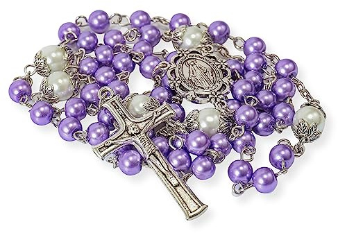 Nazareth Store Chapelet de perles blanches Notre Père Collier de perles Médaille de Lourdes et Croix Crucifix Dévotion spirituelle (Violette)