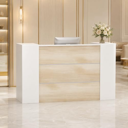 DEZAGCE Banchi di reception, grandi banchi di ricevimento, cassette di reception con ripiani regolabili, cassette di ricevimento, bancone della reception, bancone di colore legno e bianco, 180 x 60 x