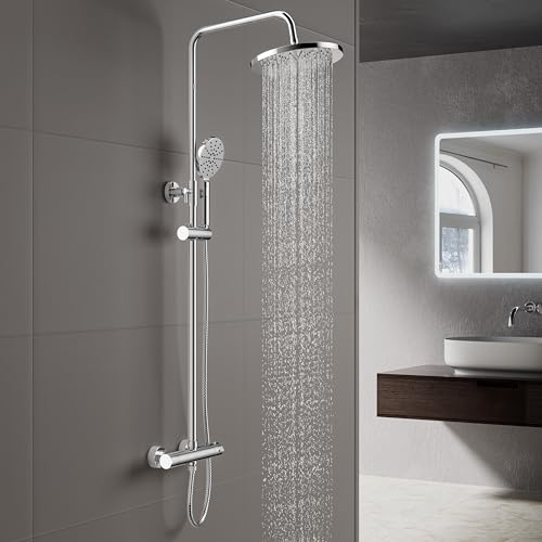 Heilmetz® Duschsystem mit Thermostat 25x25cm Regendusche Duschset 304 Edelstahl Duschsäule mit Kopfbrause und Handbrause Duschsystem Regendusche Verstellbarer Duschstange 800-1180mm -Chrom