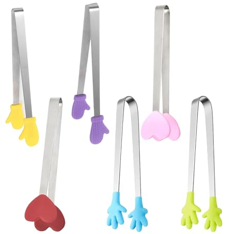 6 Pezzi Mini Pinze Silicone Mano, Pinze Ghiaccio Forma Mano Mini Pinza Cucina, Pinze Zucchero Acciaio Inox con Punte Silicone per Alimenti Pinze Cucina Catering