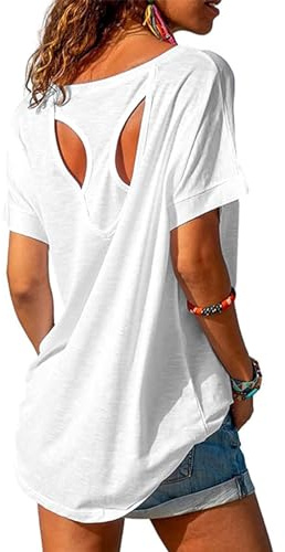 Fisoew Women's Sport T-Shirt Open Back Short Sleeve Fitness Yoga Tee Shirts Workout Gym Athlete Tops Loose Fit(White,XL)