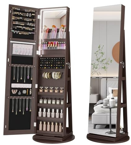 Vlsrka Schmuckschränke LED mit Ganzkörperspiegel, Standspiegel mit schmuckschrank 360° beweglich, Schmuck spiegelschrank stehend abschließbar, Drehspiegelschrank holz für Schlafzimmer (Dunkelbraun)