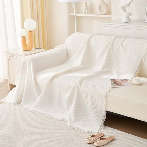 Yuing Jeté de canapé réversible en coton polyvalent pour canapés, lits, fauteuils, 2, 3 ou 4 places avec pompons, lavable, (blanc cassé, 180 x 260 cm)
